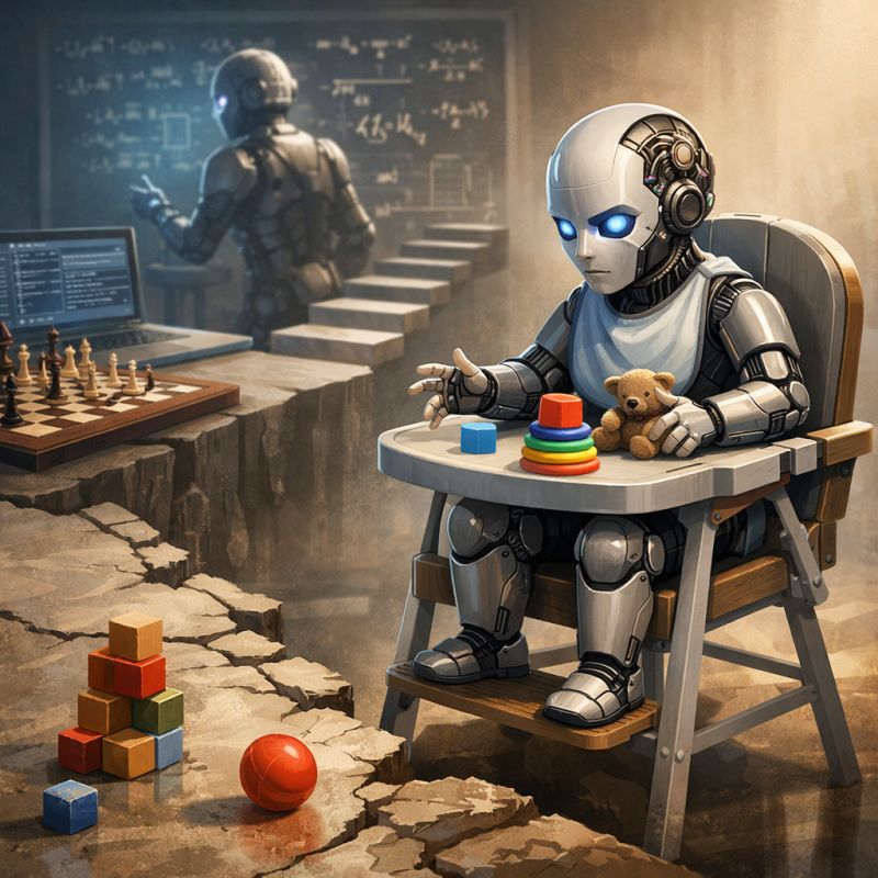 A humanoid robot toddler in a high chair reaches for stacking-ring toys while a more advanced robot solves equations on a chalkboard in the background.