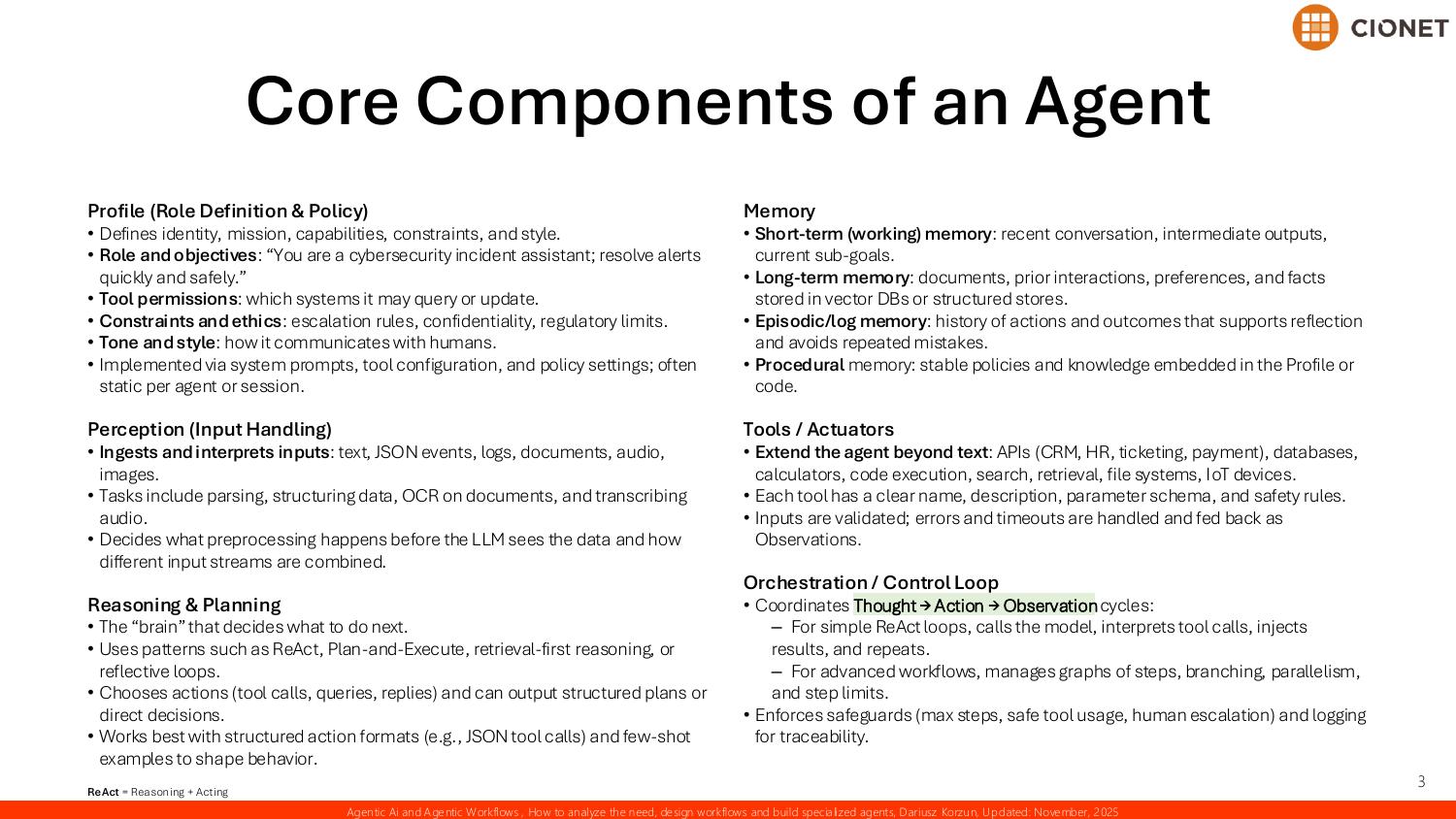 Core components of an agent — profile and role definition, perception and input handling, reasoning and planning, memory across short-term, long-term, episodic, and procedural layers, tools and actuators, and an orchestration control loop running thought, action, and observation cycles