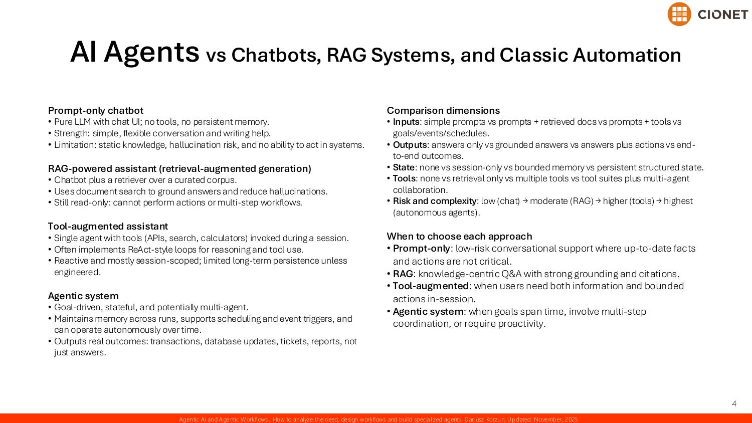 AI agents versus prompt-only chatbots, RAG-powered assistants, tool-augmented assistants, and full agentic systems — compared across inputs, outputs, state, tools, and risk, with guidance on when to choose each approach