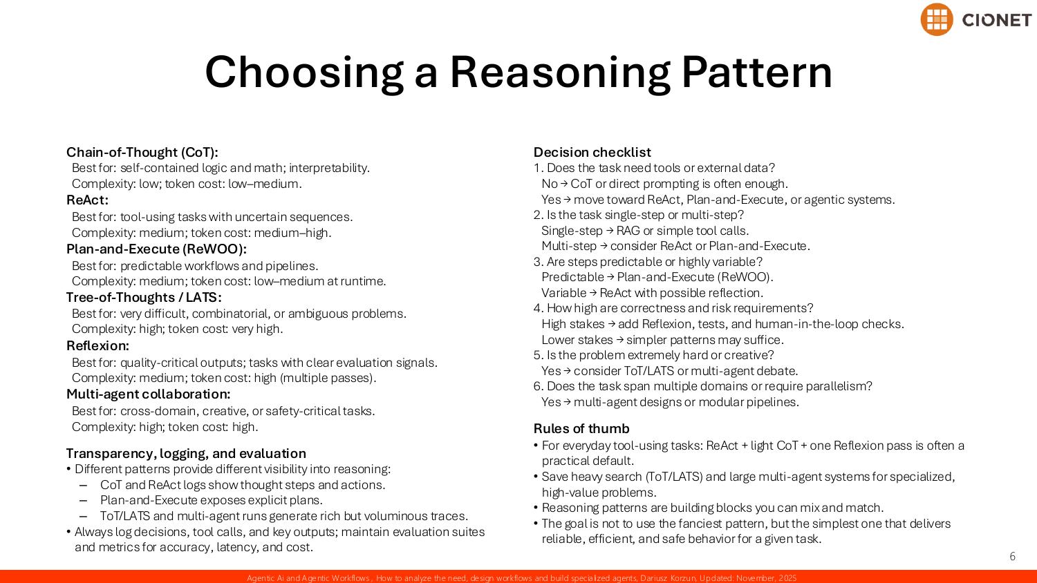 Choosing a reasoning pattern — the strengths, complexity, and token cost of each pattern, a six-step decision checklist, transparency and logging considerations, and rules of thumb favoring the simplest pattern that delivers reliable, efficient, and safe behavior