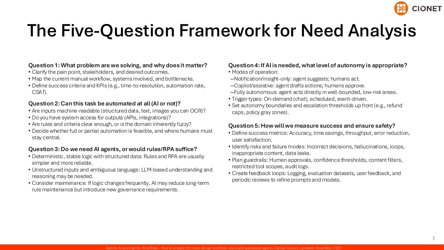 The five-question framework for need analysis — what problem are we solving and why, can the task be automated at all, do we need agents or would rules and RPA suffice, what level of autonomy is appropriate, and how we will measure success and ensure safety