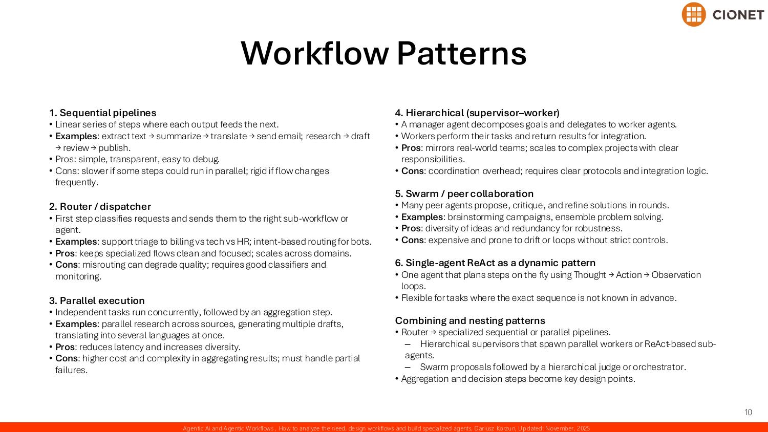 Workflow patterns — sequential pipelines, router and dispatcher, parallel execution, hierarchical supervisor and worker, swarm and peer collaboration, and single-agent ReAct as a dynamic pattern, plus how to combine and nest them around aggregation and decision points