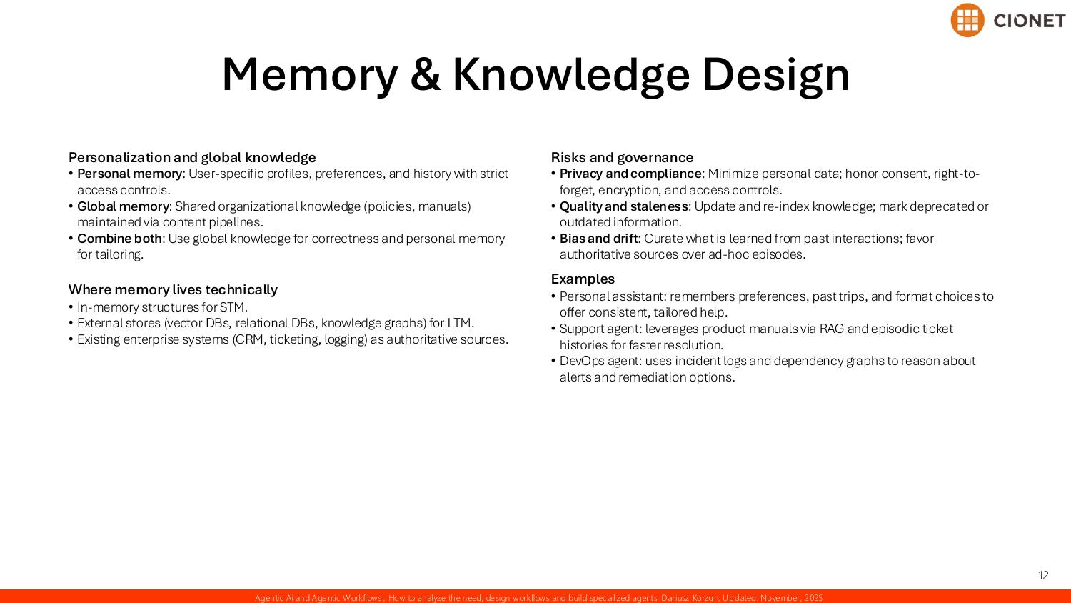 Memory and knowledge design continued — balancing personal and global knowledge, where memory lives technically across in-memory structures, vector and relational stores, and enterprise systems, the risks and governance of privacy, staleness, and drift, and examples for personal, support, and DevOps agents