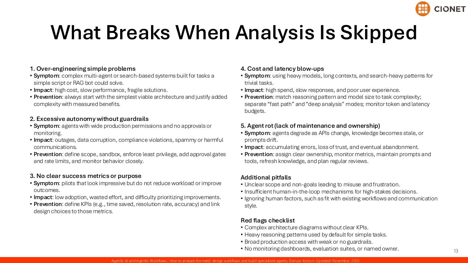 What breaks when analysis is skipped — over-engineering simple problems, excessive autonomy without guardrails, no clear success metrics, cost and latency blow-ups, and agent rot from lack of maintenance and ownership, with prevention measures and a red-flags checklist
