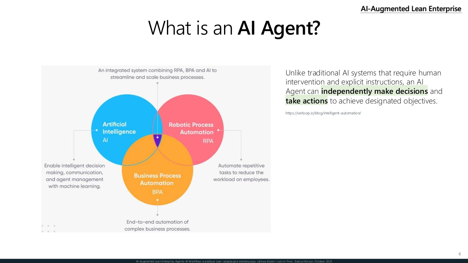 What an AI agent is — an agent that independently makes decisions and takes action, unlike traditional systems that require explicit instructions