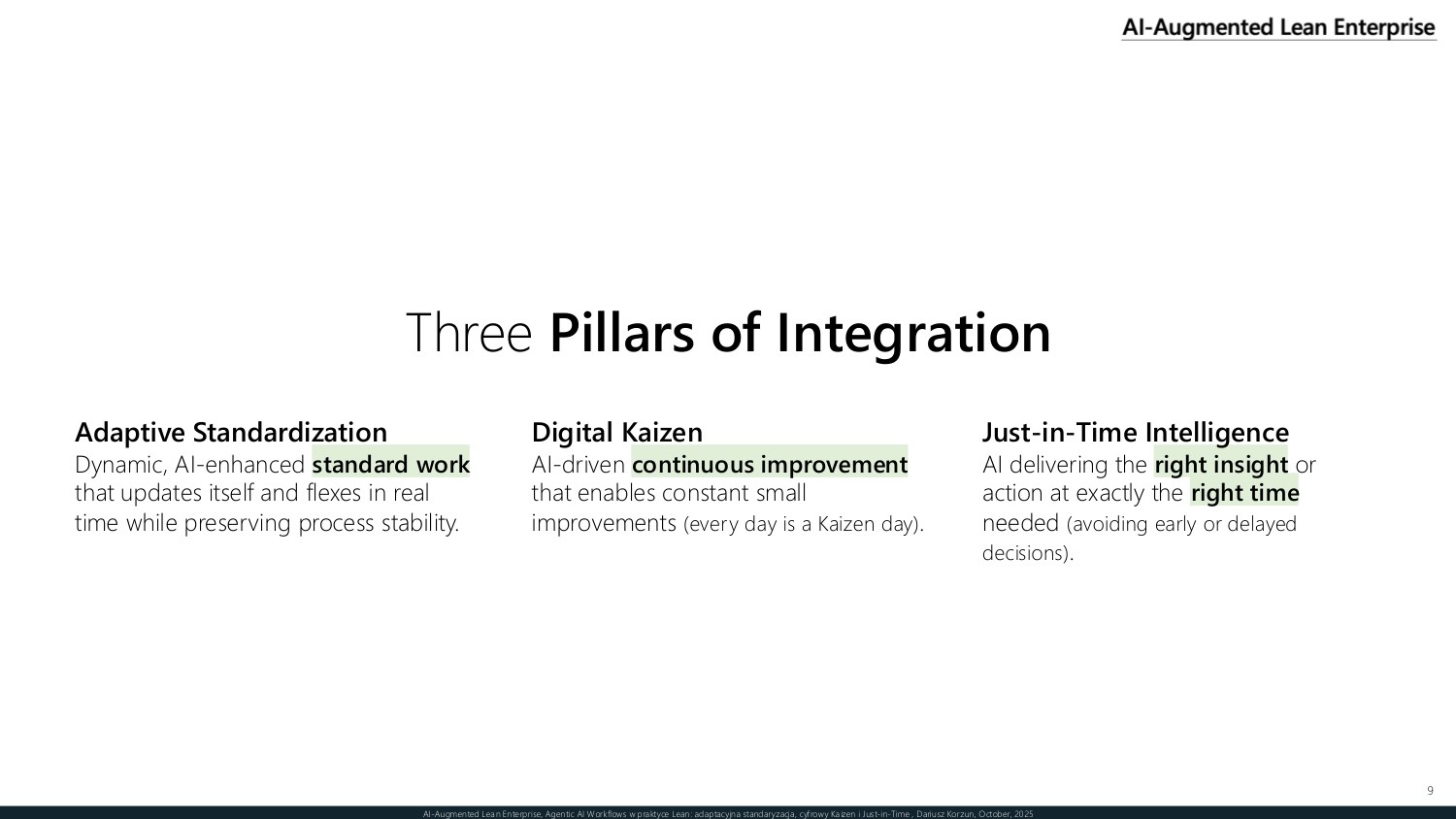 Three pillars of integration — adaptive standardization, digital Kaizen, and just-in-time intelligence