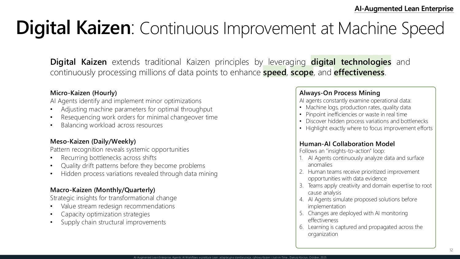 Digital Kaizen at machine speed — micro, meso, and macro Kaizen, always-on process mining, and a human-AI insights-to-action loop
