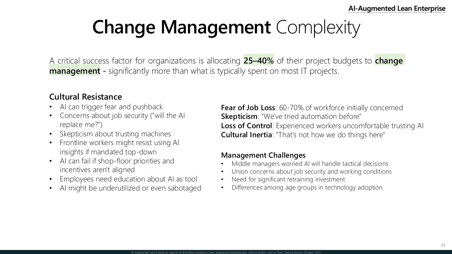 Change management complexity — cultural resistance and management challenges, and the case for allocating 25 to 40 percent of project budget to change management