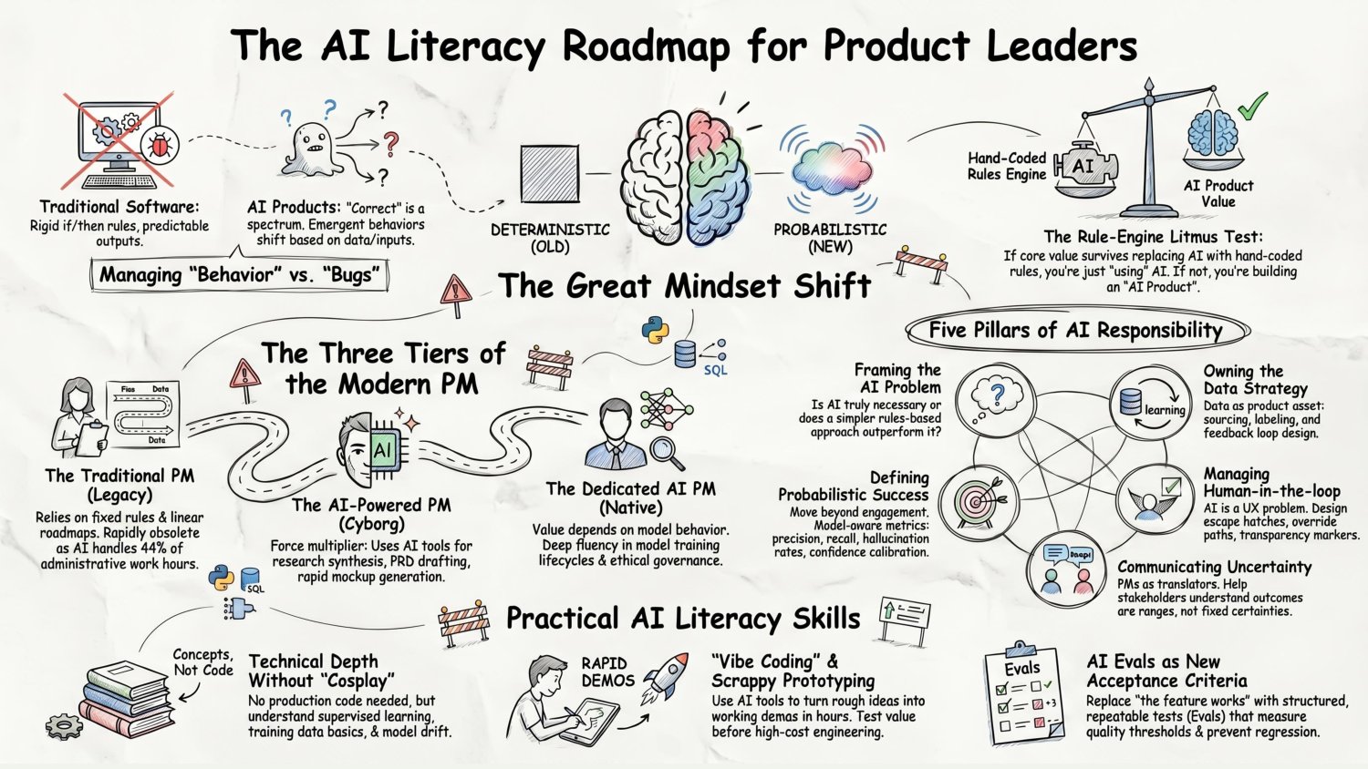 The AI literacy roadmap for product leaders — the great mindset shift from managing behavior to managing bugs, the deterministic-to-probabilistic spectrum, the three tiers of the modern PM, the five pillars of AI responsibility, and practical AI literacy skills