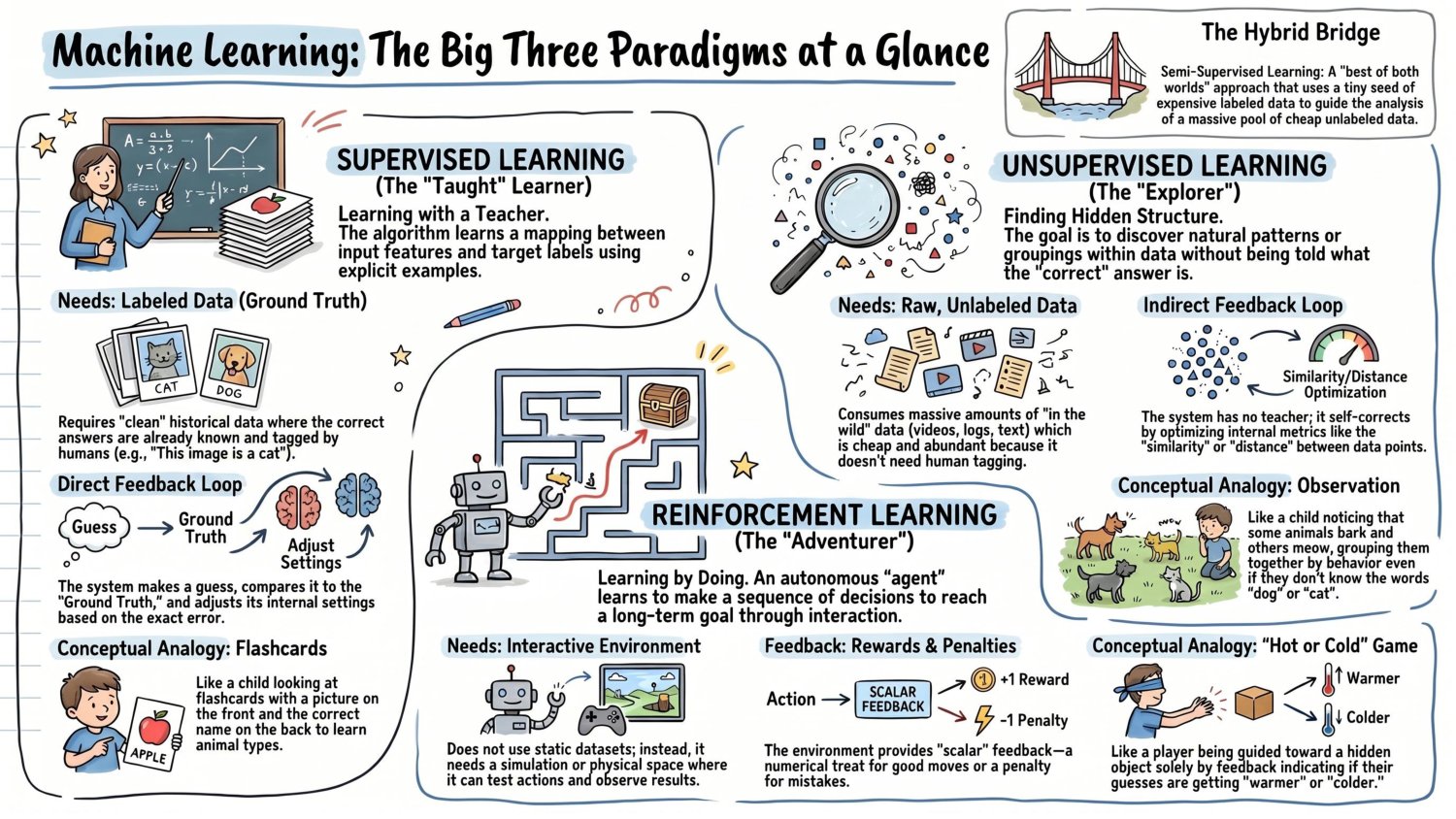 Machine learning's big three paradigms — supervised learning as the taught learner, unsupervised learning as the explorer, reinforcement learning as the adventurer, and the hybrid bridge of semi-supervised learning