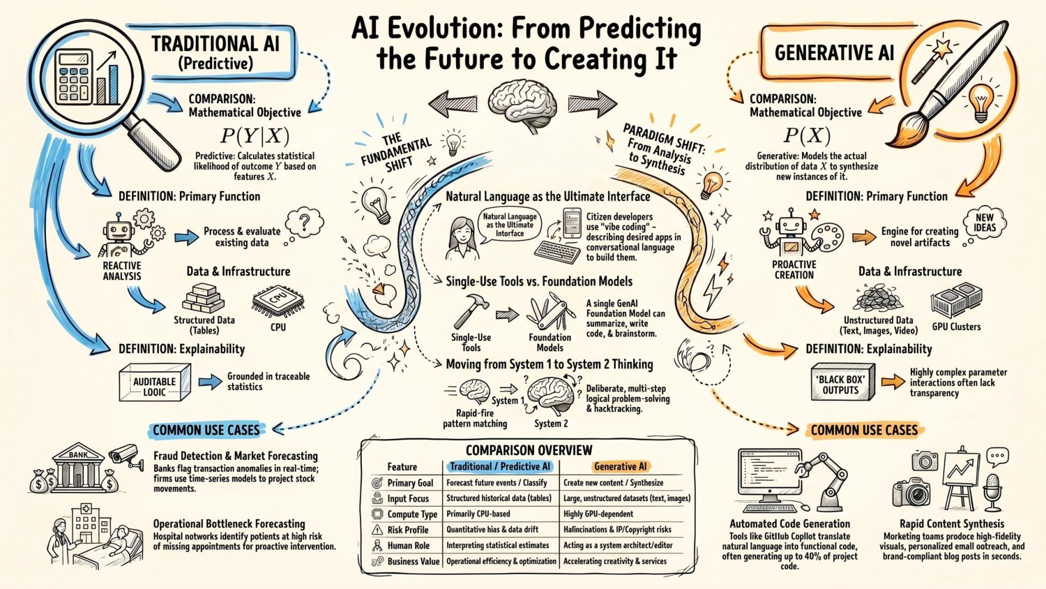 AI evolution from predicting the future to creating it — traditional predictive AI versus generative AI, the fundamental shift from analysis to synthesis, natural language as the interface, and a comparison of goals, inputs, cost, risk, and business value