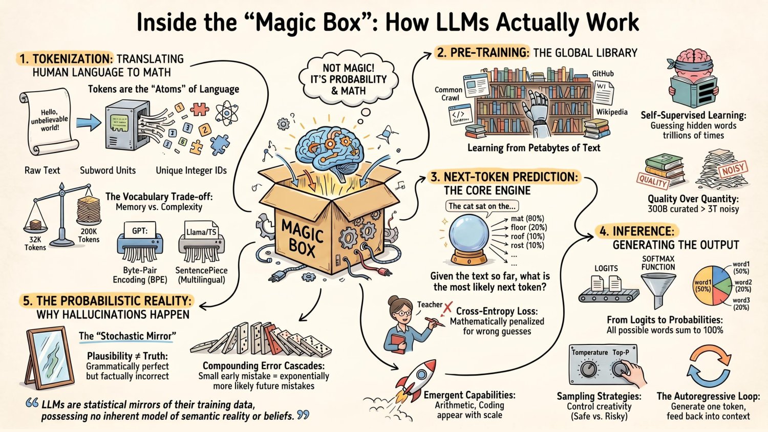 Inside the magic box of how LLMs actually work — tokenization, pre-training on petabytes of text, next-token prediction as the core engine, inference and sampling, and the probabilistic reality behind hallucinations
