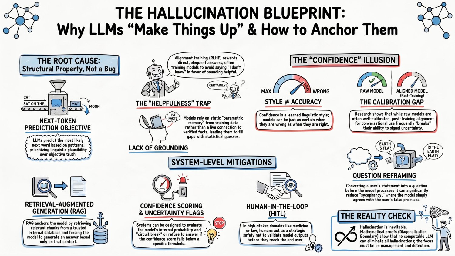 The hallucination blueprint of why LLMs make things up and how to anchor them — the next-token root cause, the helpfulness trap and confidence illusion, the calibration gap, and system-level mitigations such as retrieval-augmented generation, confidence scoring, and human in the loop