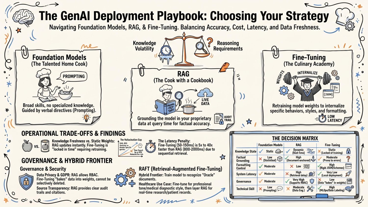 The GenAI deployment playbook for choosing a strategy — foundation models as the talented home cook, RAG as the cook with a cookbook, fine-tuning as the culinary academy, the operational trade-offs, and a decision matrix across knowledge state, latency, and governance