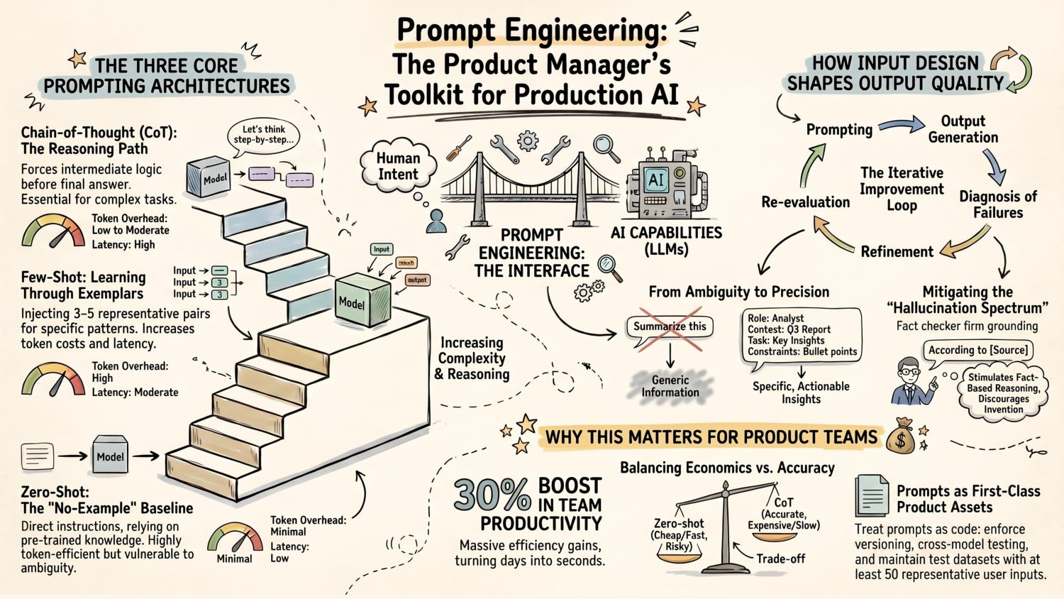 Prompt engineering as the product manager's toolkit for production AI — the three core prompting architectures of zero-shot, few-shot, and chain-of-thought, how input design shapes output quality, the iterative improvement loop, and treating prompts as first-class product assets