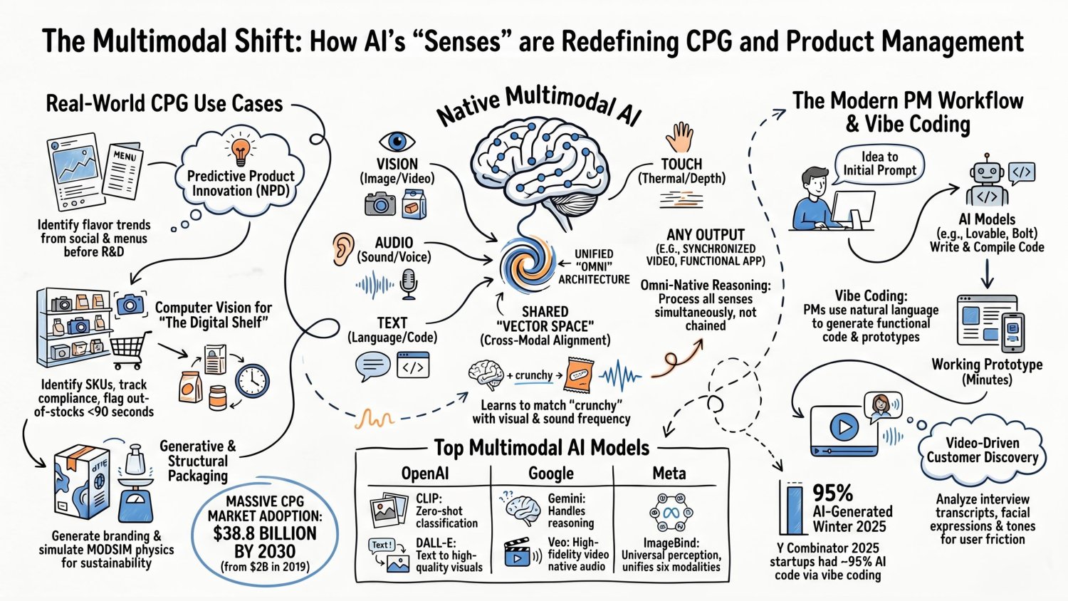 The multimodal shift in how AI's senses are redefining consumer products and product management — native multimodal architecture across vision, audio, text, and touch, real-world use cases, vibe coding, and the leading multimodal models