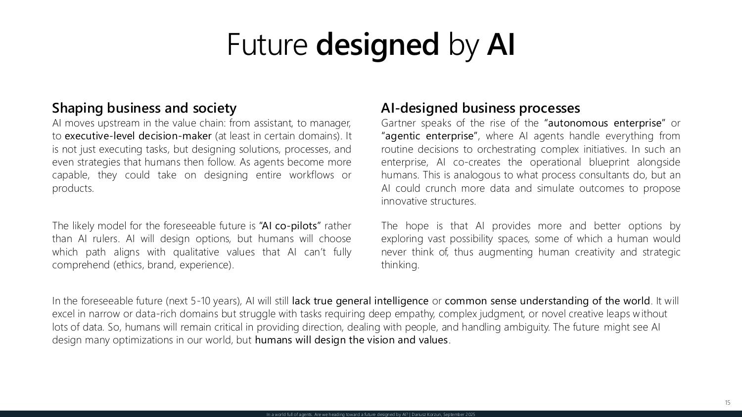 A future designed by AI — agents moving upstream from assistant to manager to executive decision-maker, with co-pilots designing options while humans set vision and values