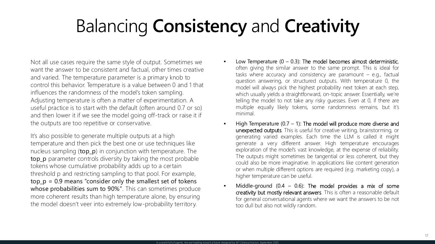Balancing consistency and creativity — the temperature parameter and top-p sampling, from deterministic low temperature to exploratory high temperature