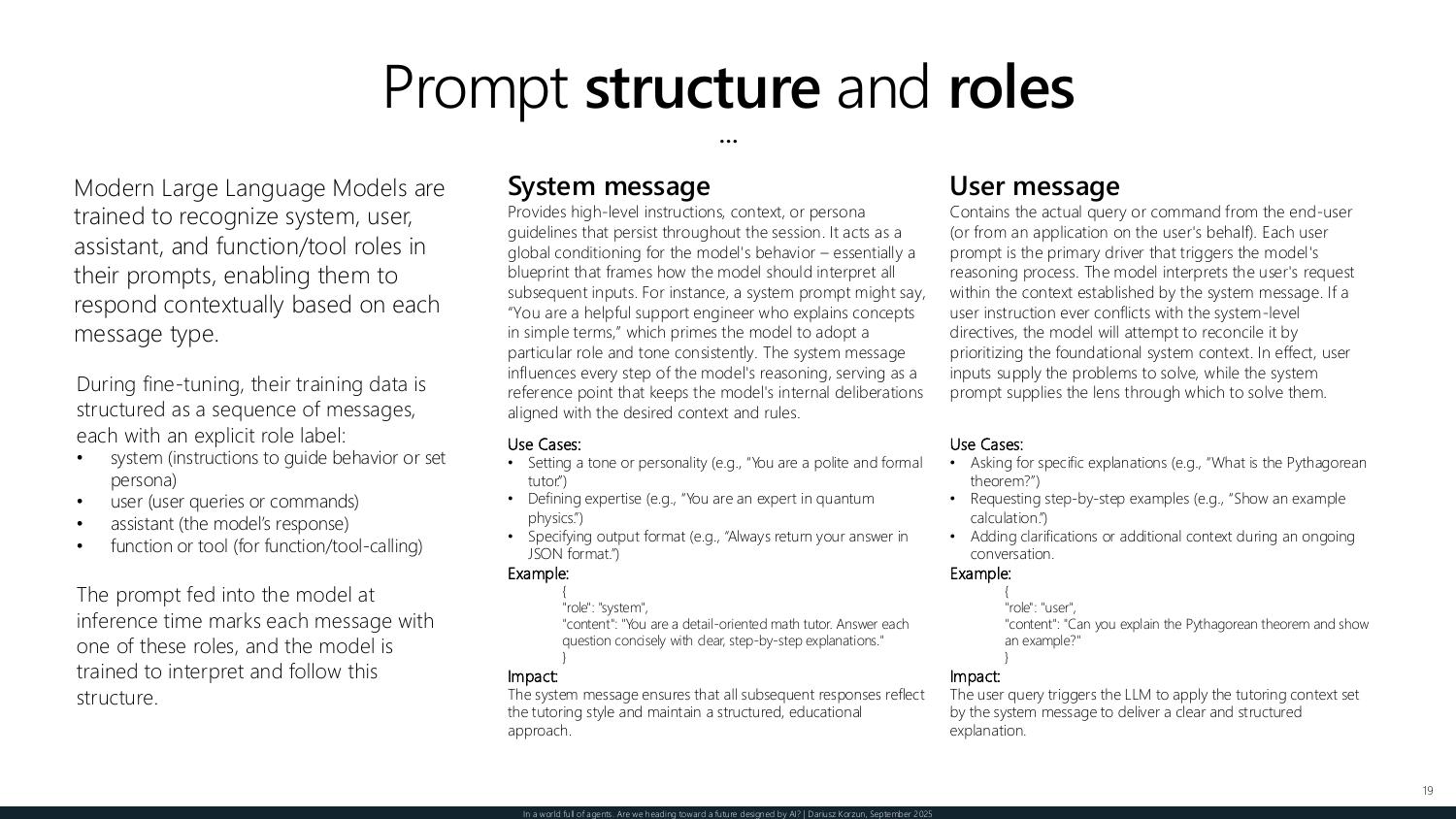Prompt structure and roles — the system message as global conditioning and the user message as the query that drives reasoning, with use cases and examples