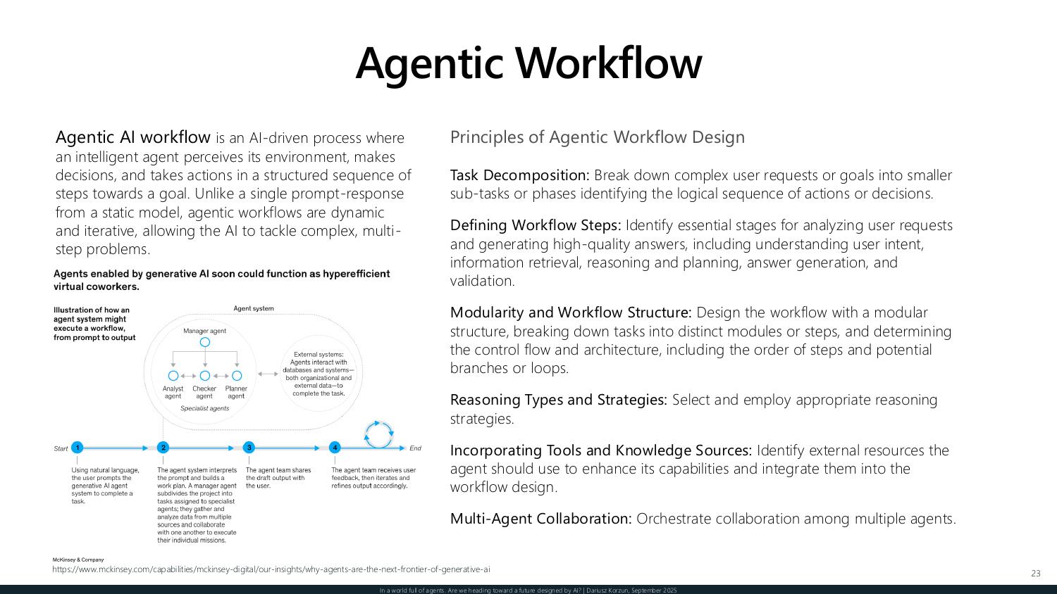 The agentic workflow — task decomposition, defined workflow steps, modular structure, reasoning strategies, tools and knowledge sources, and multi-agent collaboration