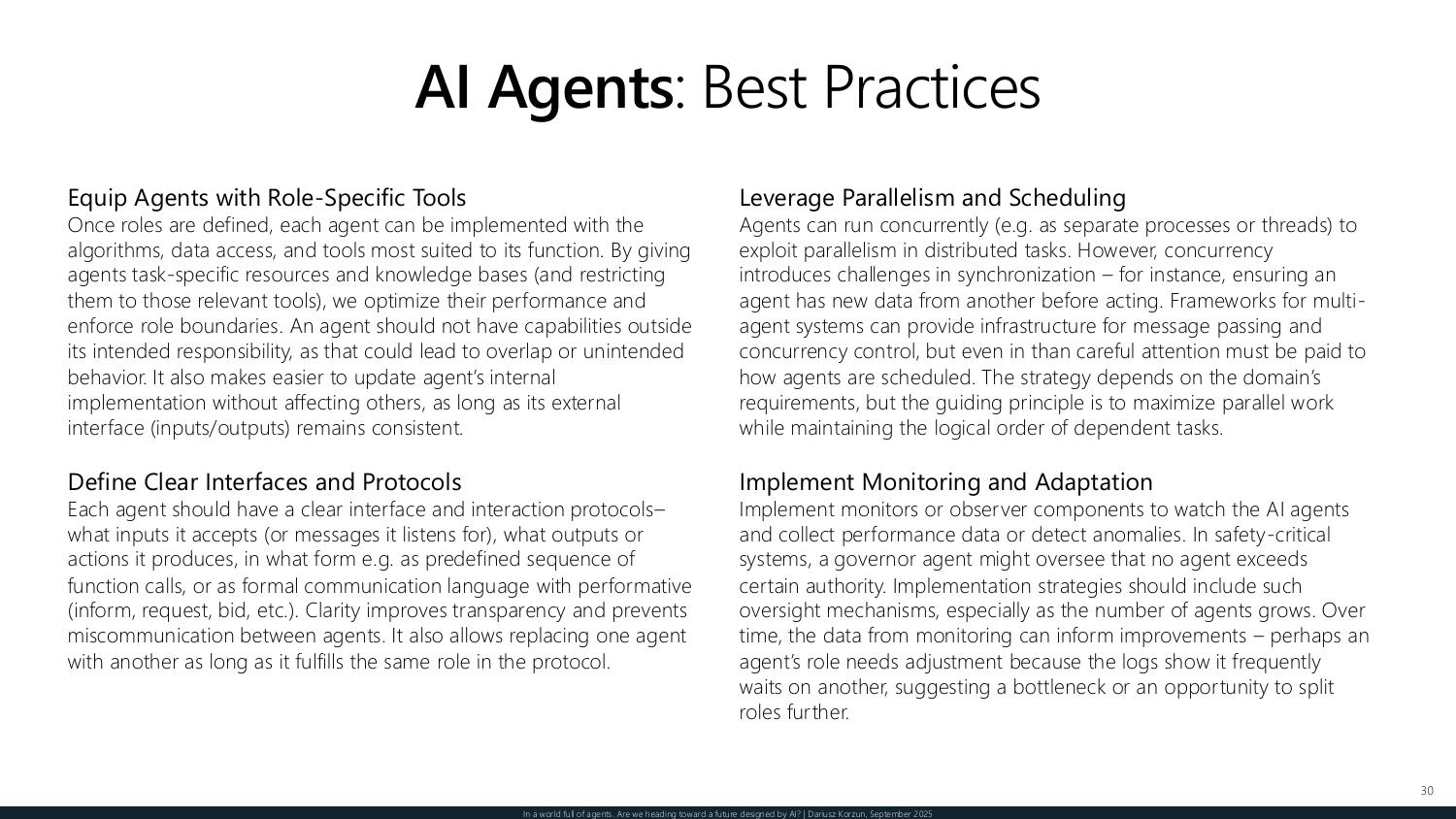 AI agent best practices — role-specific tools, clear interfaces and protocols, parallelism and scheduling, and monitoring and adaptation