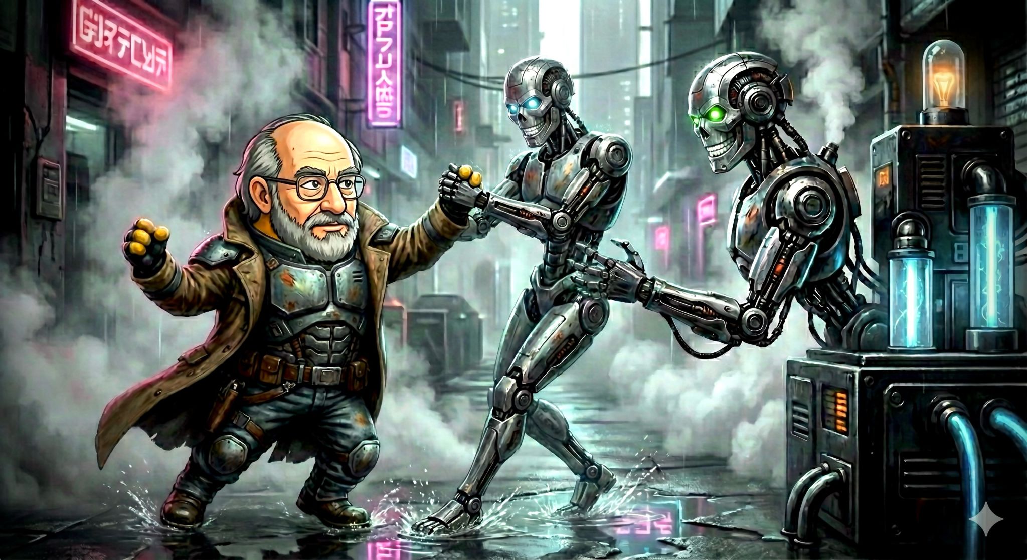 A caricature of an older bearded man in a worn coat squaring off against two skeletal humanoid robots in a rainy, neon-lit cyberpunk alley.