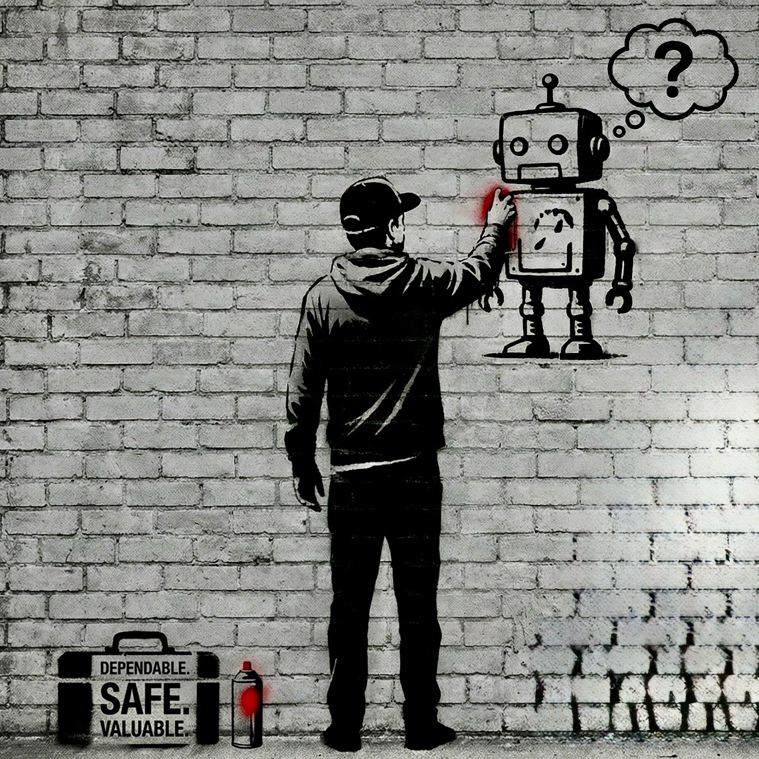 A black-and-white stencil street-art piece of a hooded figure spray-painting a cartoon robot on a brick wall. The robot has a question mark in a thought bubble, and a stencilled toolbox beside a spray can reads "Dependable. Safe. Valuable."